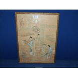 A framed Oriental watercolour on silk featuring four ladies listening to another play a musical