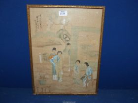 A framed Oriental watercolour on silk featuring four ladies listening to another play a musical