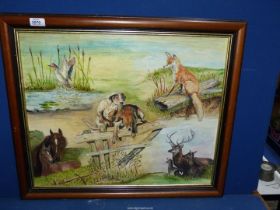 A framed Oil on board of animals relating to country pursuits, no visible signature,