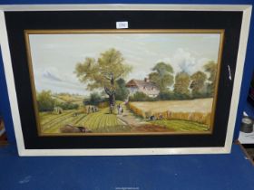 A framed oil on board of a country landscape with figures harvesting, signed lower right R.Taylor.
