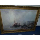 A very large framed Print on canvas of a shipwreck with white cliffs in the background,