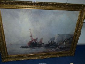 A very large framed Print on canvas of a shipwreck with white cliffs in the background,
