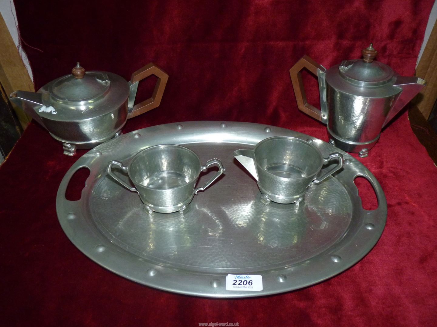 A heavy Art Deco four piece Pewter tea set to include; teapot, hot water jug, - Image 2 of 3