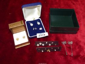 A quantity of earrings and studs including blue crystal drop 925 earrings, 9ct gold backed studs,