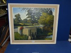 A framed Oil on board of a gentleman watching the river Roden from Shawbury bridge,