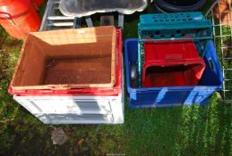 Plastic storage boxes.