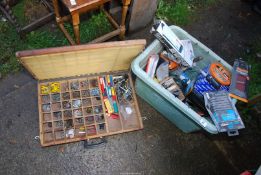 A box of decorating equipment, drills, nuts and bolts etc.