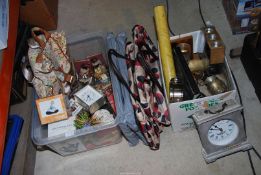 Quantity of miscellaneous china and glass, New shopping trolley/ bags, clocks, a map, bookends,