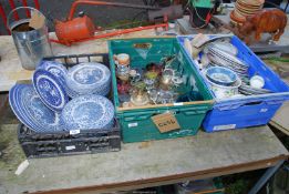 Three crates of mixed china and glass.