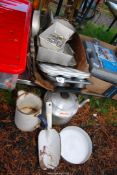 An AGA kettle, enamel shovel and cake tins, etc.