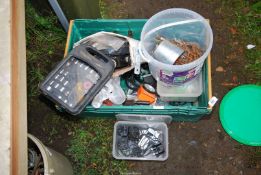 A bucket of drill bits, spanners and small socket set, etc.