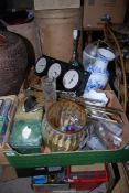 Two boxes containing table lamps, old brass music stand, clock barometer, thermometer unit vases,