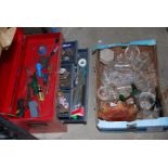 A Stack-on tool box and contents, drill bits, screw drivers and a box of glass.