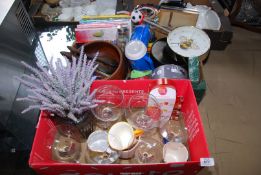 Two boxes of miscellaneous - cocktail glasses, cookbooks, and clock etc.