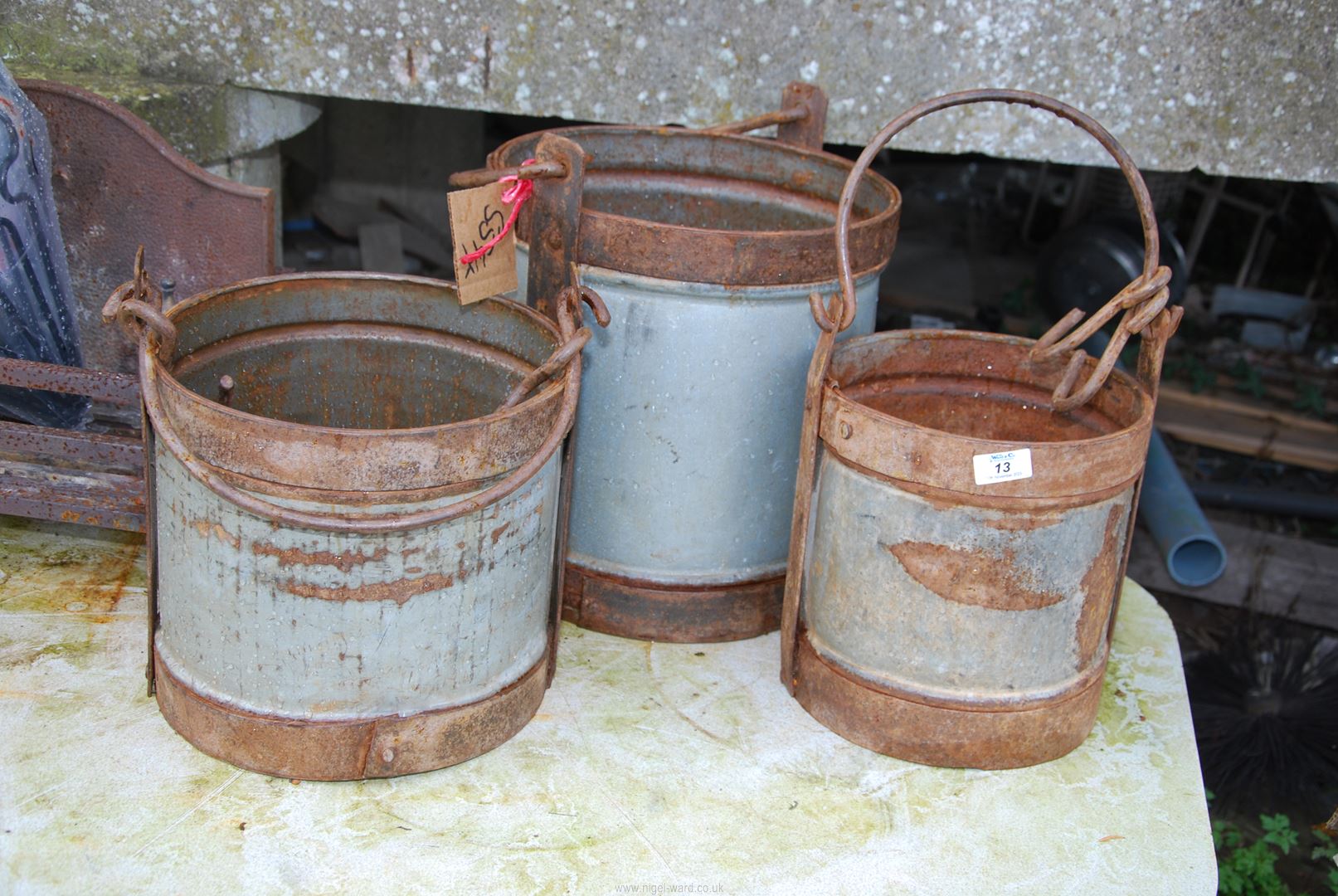 Three steel banded galvanised buckets - 1 large, 2 small.