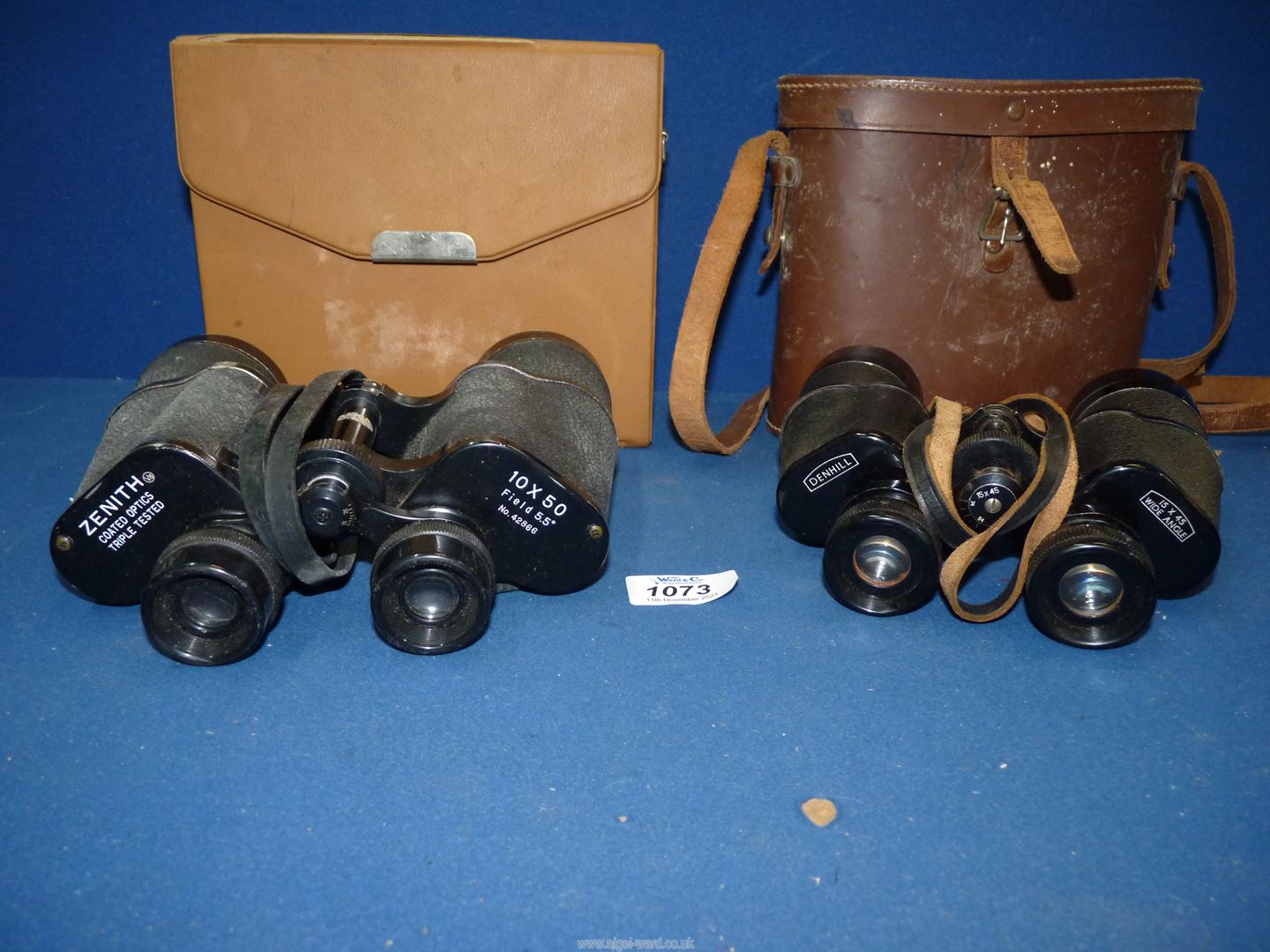 A leather cased pair of binoculars by 'Denhill' 15 x 45 wide angle and a pair of Zenith triple - Image 2 of 2