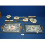 A Dressing Table set with embroidered floral detail to the backs and lid of pot, some a/f.