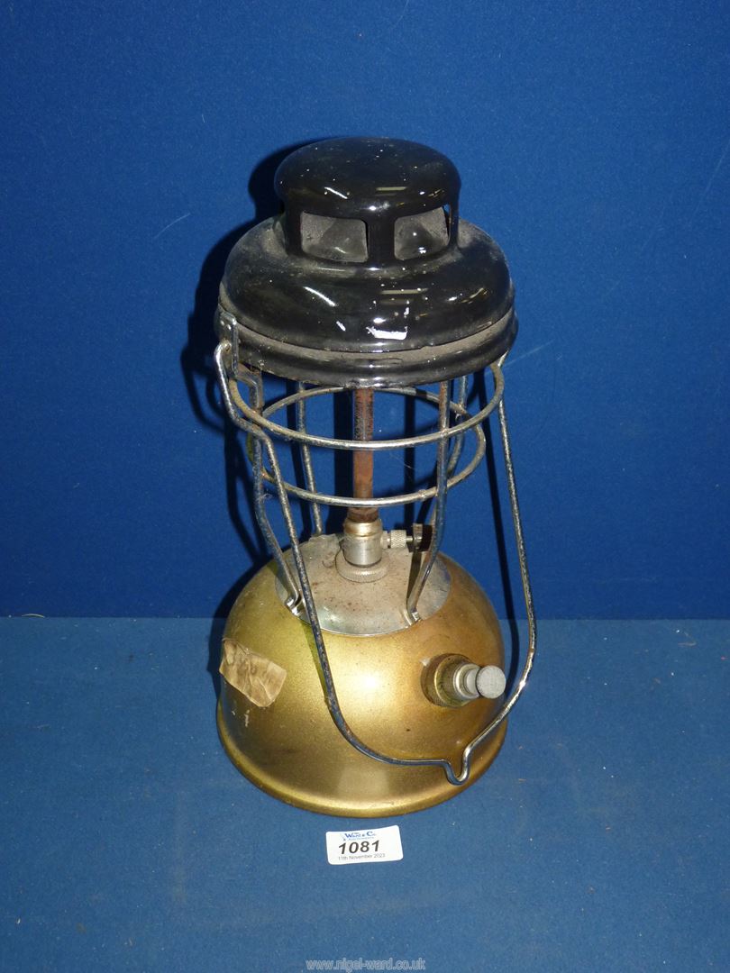 A paraffin 'Tilley' lamp, gold coloured.