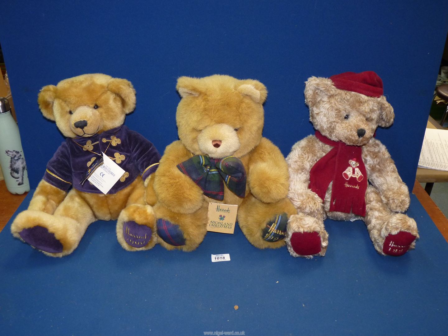 Three Harrods Christmas Teddy Bears; 2000, 1999 and Highland 1994.