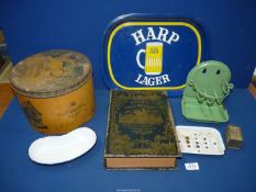 A quantity of miscellanea including large 'Riley's Variety Toffee' tin, 'harp Lager' beer tray,