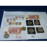 A quantity of commemorative crowns, 10/- notes and mint Harry Potter stamps.