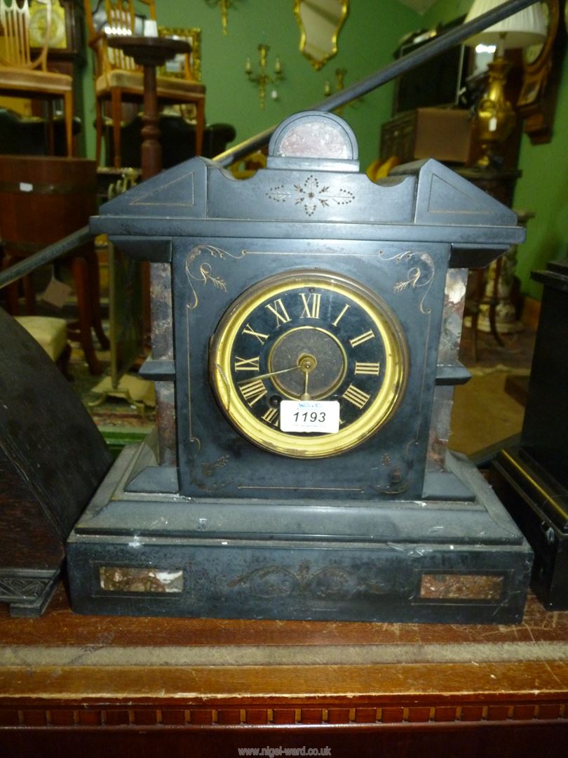 A slate and marble mantle clock with Roman numerals to the face and engraved detail to the front, - Image 2 of 3