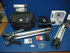 A quantity of camera equipment including Samsung 440X video camcorder in case,