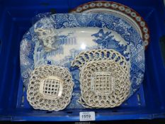 A Minton Delft meat plate, a blue and white meat plate, lattice plates with floral centre, etc.