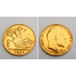 A 1906 King Edward VII Gold Half Sovereign coin with St. George and the dragon.