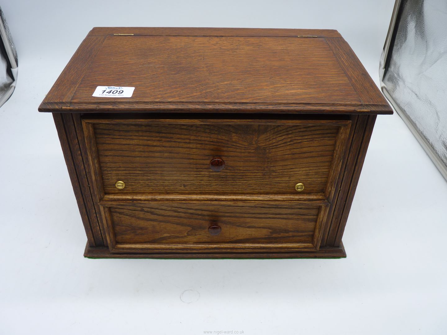 An Oak Box with lift-up lid and lower drawer, 13 1/2'' x 8 1/4'' x 9'' high.