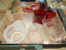 A small quantity of glass including cut glass vase, vase with rose design, cut glass basket vase,