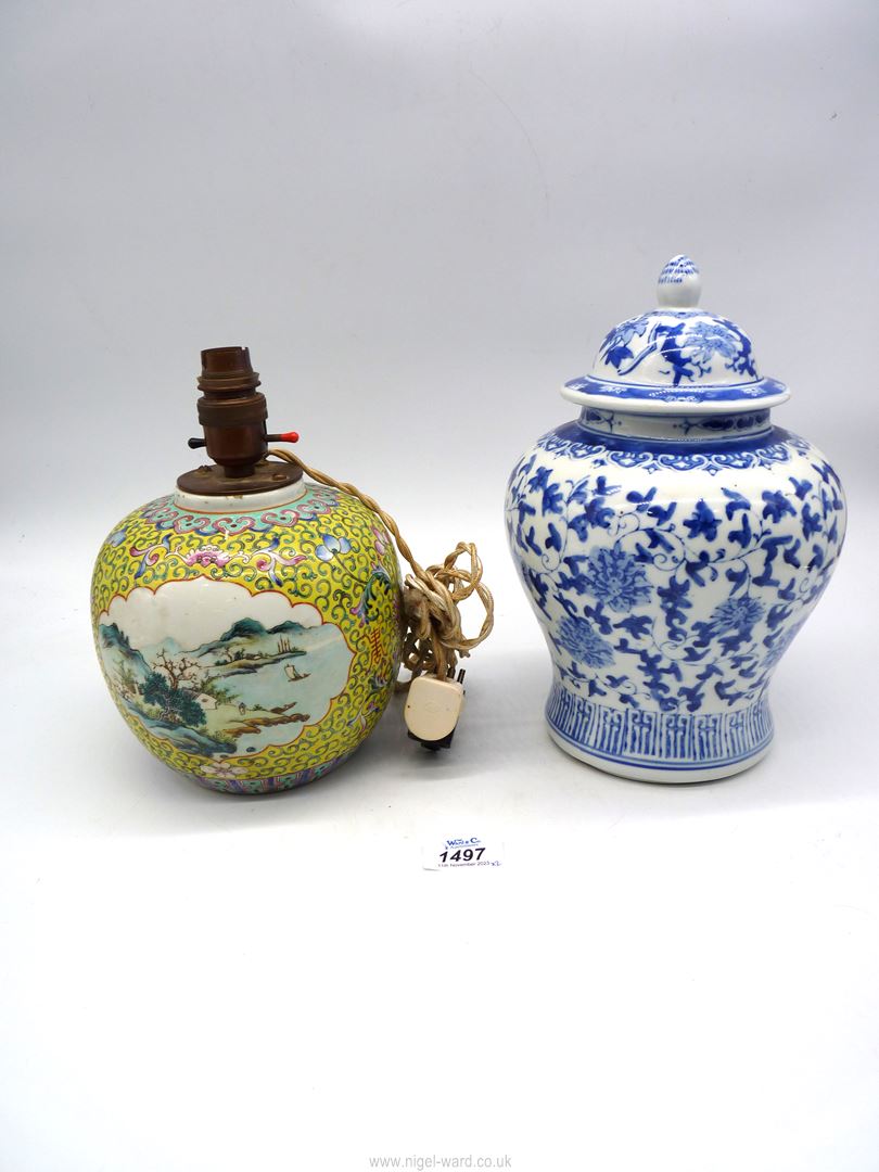 An oriental style ginger jar and an oriental ginger jar base converted to a lamp.