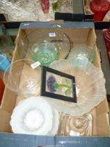 A quantity of glass dishes including; part fruit sets in the form of a Poppy, green glass,