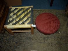 A black and white woven seagrass seated Stool and a terracotta coloured upholstered circular low