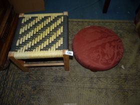 A black and white woven seagrass seated Stool and a terracotta coloured upholstered circular low