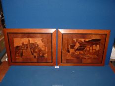 A pair of 20th century treen marquetry panels depicting period houses in mixed woods,