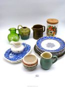 A quantity of china including two Spode blue and white plates, Italian scroll plates, jugs etc.