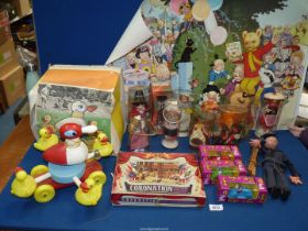 A quantity of miscellanea to include; child's vintage pull-along duck, Souvenir dolls,