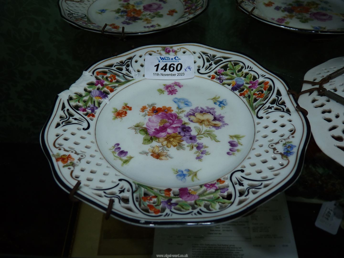 Four Schumann Dresden Pierced porcelain dishes, floral decoration, two damaged, circa 1930. - Image 3 of 3