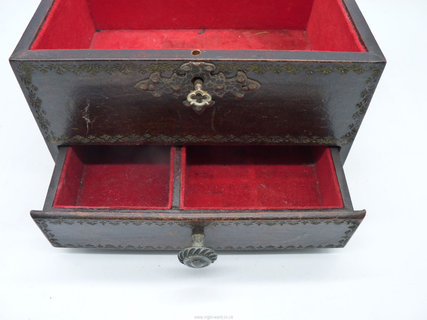 An embossed leather covered Jewellery Box with metal hinges and handles, - Image 5 of 7