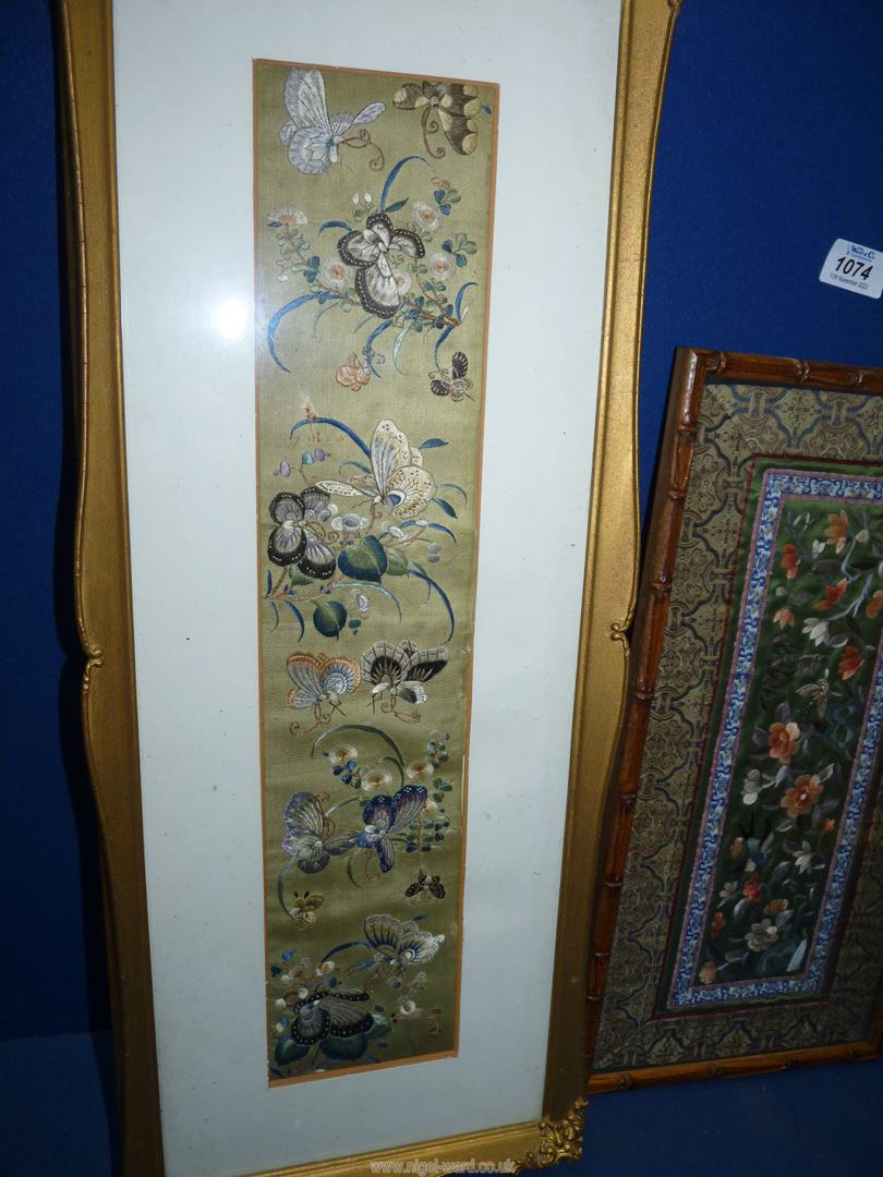 Three pictures of embroidery on silk with birds and butterflies in ornate frames, - Image 2 of 3