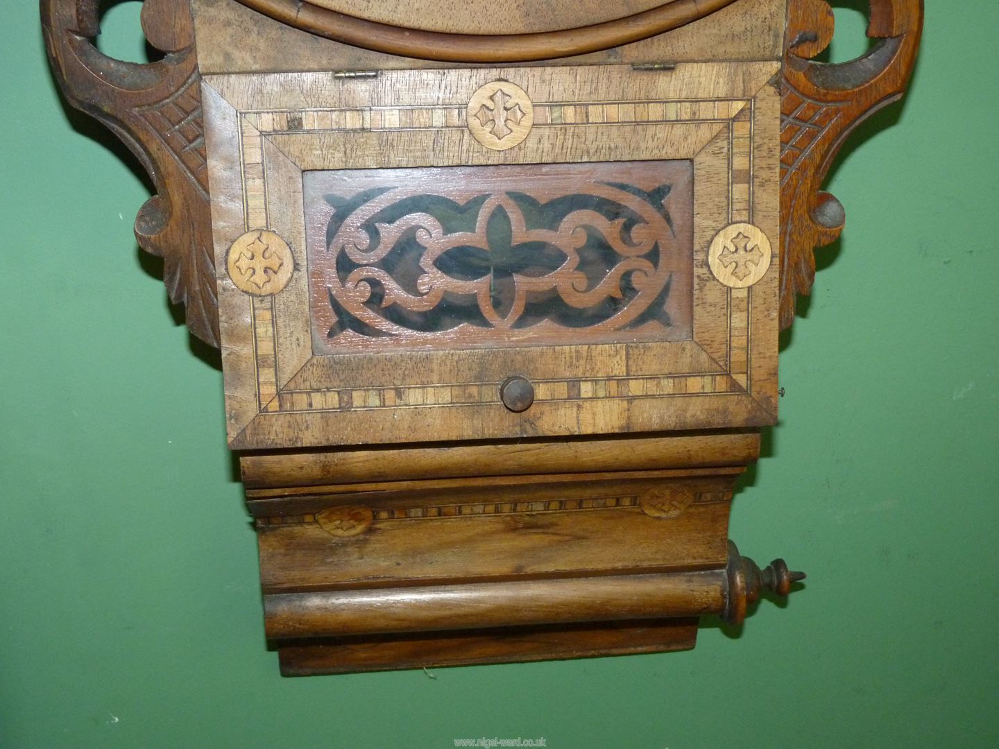 An inlaid Walnut and other woods Wall Clock having a two train spring driven movement (running at - Image 3 of 4