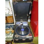 An antique Decca Salon record player in black case, pat nos. 5650/23 33346/28.