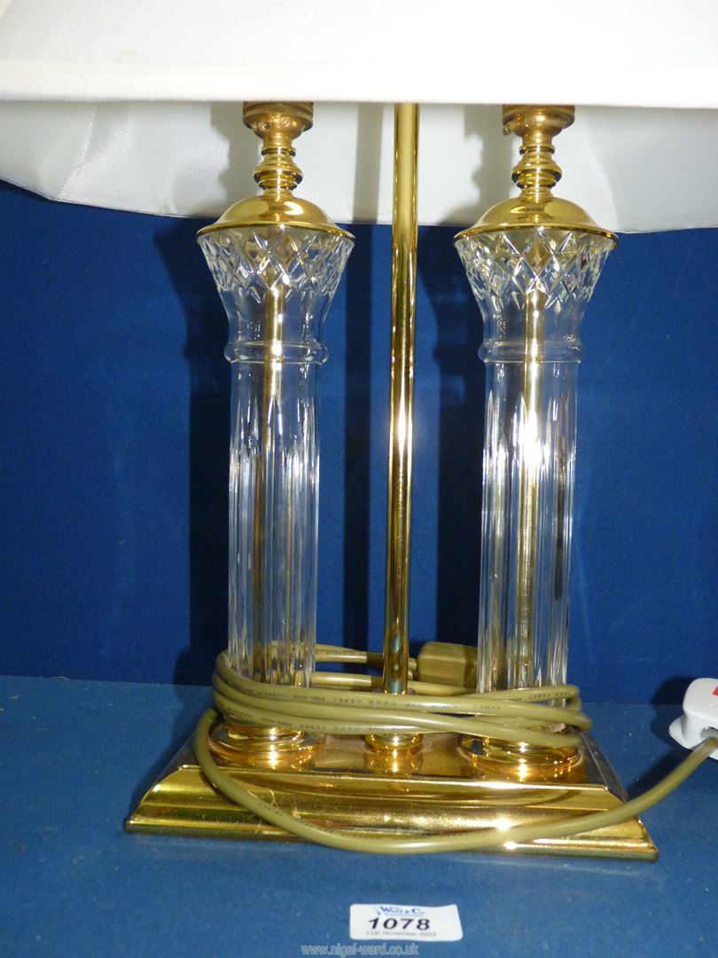 A brass and glass double stem Table Lamp with large cream fabric shade, 25'' high overall. - Image 2 of 2