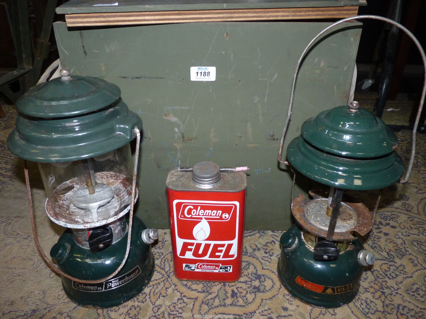 Two vintage Coleman camping lanterns in green wooden crate. - Image 2 of 2