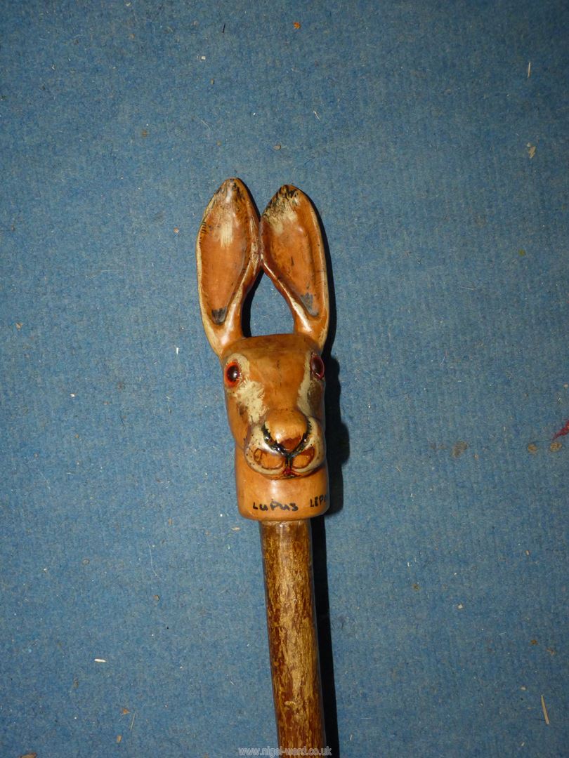 A hazel shaft walking stick with hand carved and painted hare knop having glass eyes, - Image 2 of 4