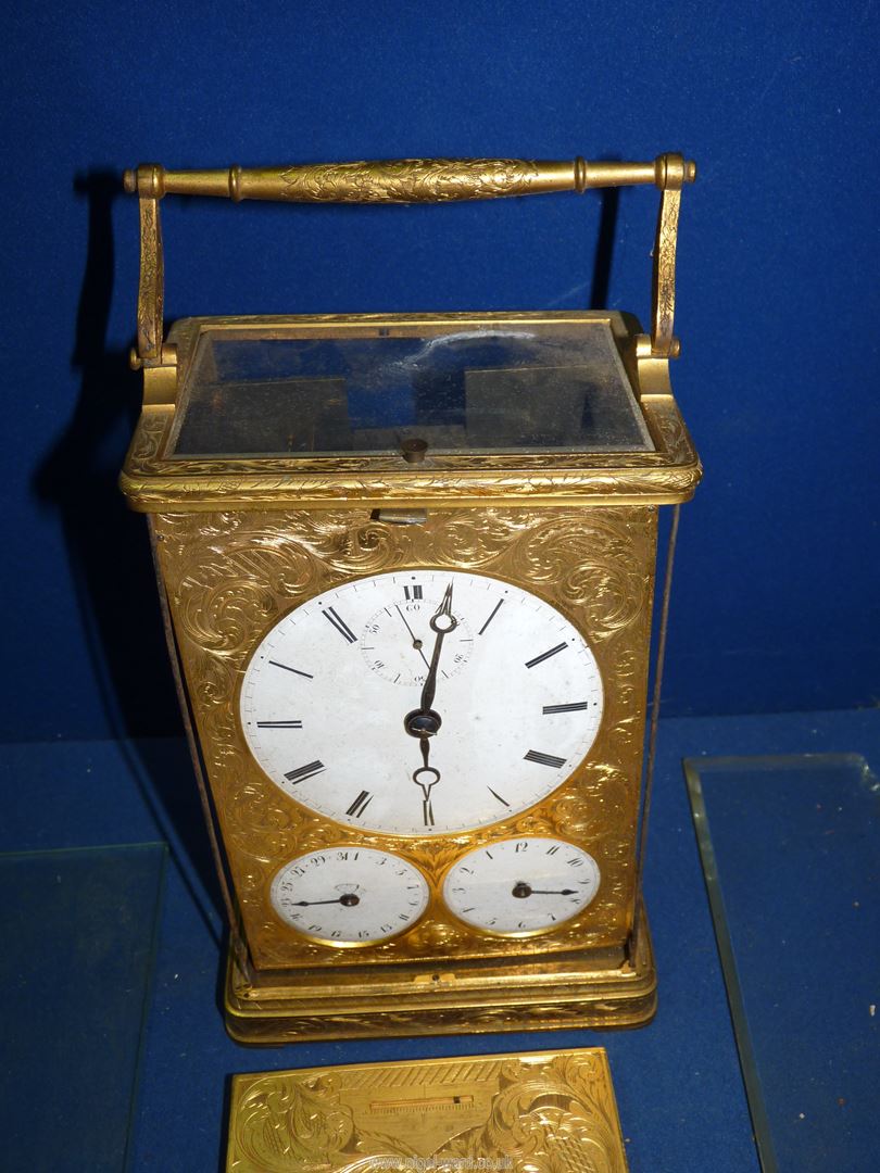 An impressive quality gilt/brass cased mantel clock for restoration having a three-train spring- - Image 2 of 5