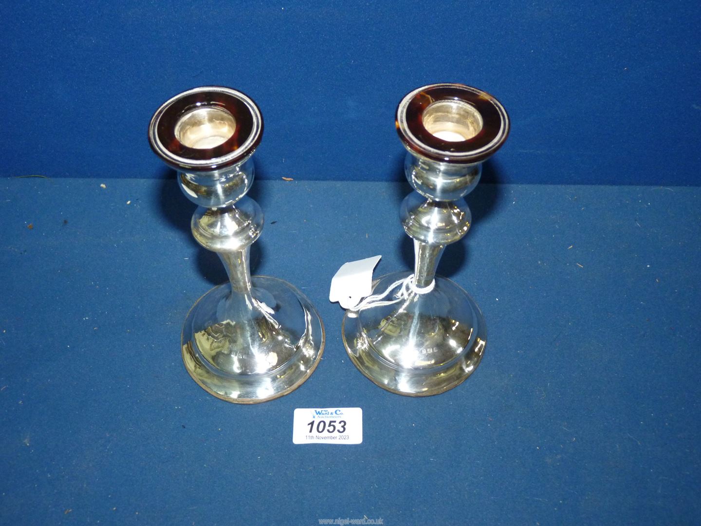 A pair of early 20th century unusual silver Art Nouveau candlesticks with wide tortoiseshell rim to - Image 3 of 3