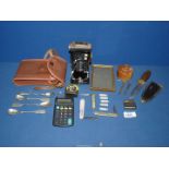 A mixed tray of ephemera including vintage Kodak six 20 folding camera, throwing knife,