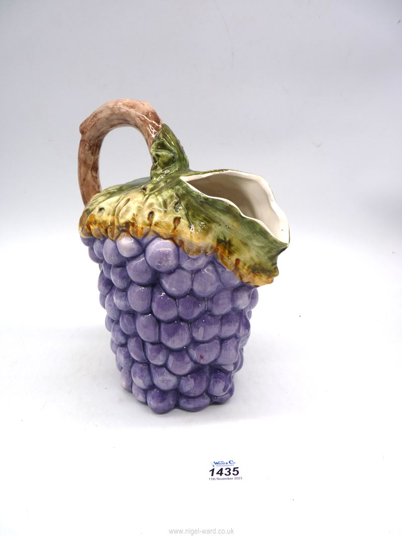 A large Italian Majolica Bassano wine jug in shape of grapes and vine, 10" tall (chip to leaf), - Image 2 of 5